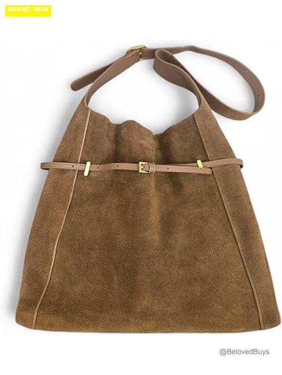 Handbags - Genuine Suede Hobo Bag with Gold Hardware, Adjustable Strap, Inner Pouch
